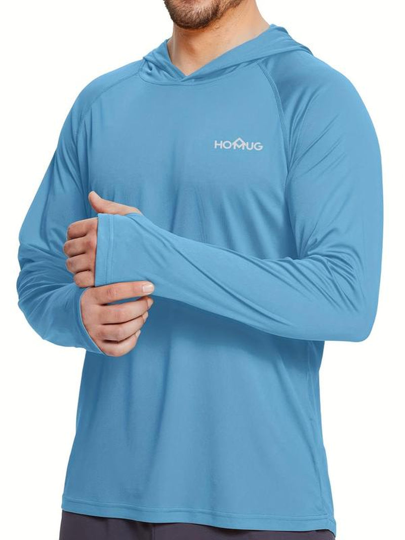 Men'S Loose Letter Print Long Sleeve Hooded Rashguard, Quick Dry Sport Shirt, Lightweight Sun Protection Thumb Holes Top for Outdoor Activities, Workout Tops, Men'S Sport & Outdoor Clothing for Fall & Winter, Gym Clothing