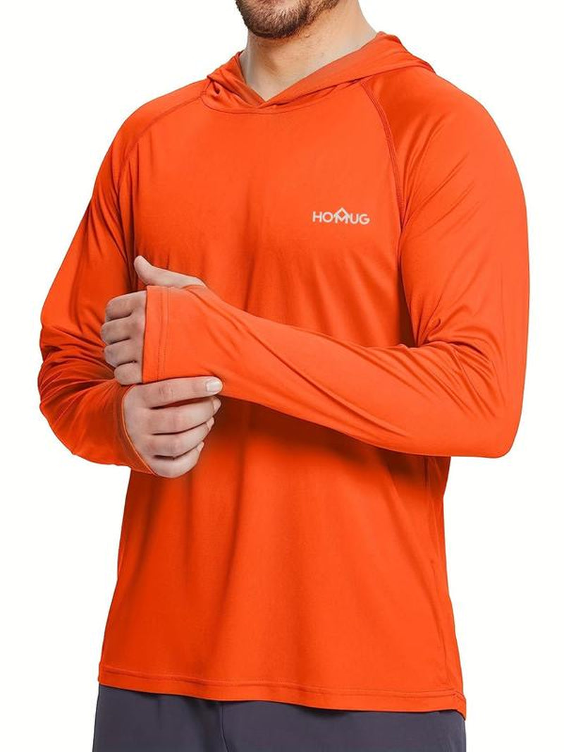 Men'S Loose Letter Print Long Sleeve Hooded Rashguard, Quick Dry Sport Shirt, Lightweight Sun Protection Thumb Holes Top for Outdoor Activities, Workout Tops, Men'S Sport & Outdoor Clothing for Fall & Winter, Gym Clothing